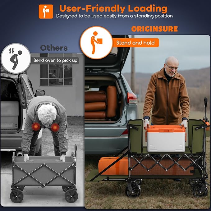 Originsure 400L Double Decker Wagon Collapsible with 54" L Tailgate, 560lbs Heavy Duty Carts Foldable, Extra Large Folding Beach Wagon with Big All-Terrain Wheels for Camping, Sports, Groceries, Green