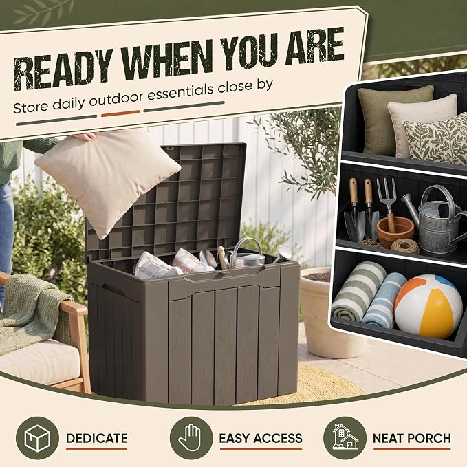Flamaker Deck Box 30 Gallon, Waterproof Resin Small Storage Box with Lid, Outdoor Patio Furniture Cushion Garden Tool Organizer, Lockable Package Delivery Box for Porch Balcony (Deep Brown)