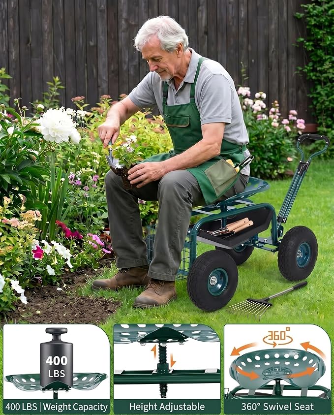 Garvee Heavy Duty Garden Seat, Garden Scooter Rolling Work Seat, 360° Swivel with 10-Inch All-Terrain Inflatable Tires, Extendable Steering Handle & Metal Tool Tray for Planting, Weeding, Yard Work