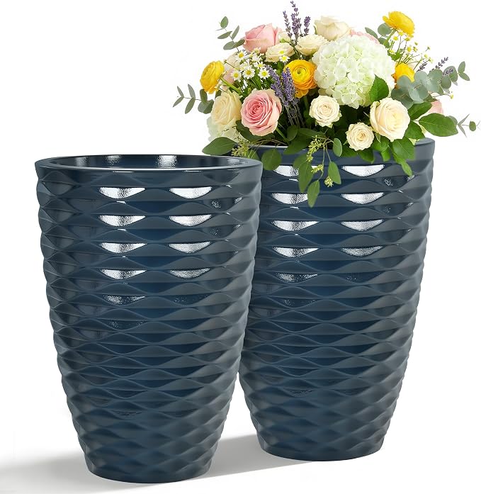 19" H Coastal Planter for Indoor/Outdoor Plants, Set of 2 Large Flower Pot with Drainage Hole, Weather/UV Resistant Resin Planters for Garden Patio Porch Home office Decor, Glossy Navy Blue Wavy