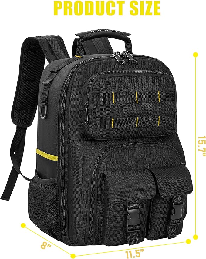 Tool Backpack for Men, Heavy Duty Tool Bag with Removable Tool Organizer, Durable Water-Resistant Work Backpack, Upgrade(Black & Yellow)
