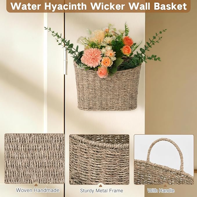 iEGrow Set of 2 Hanging Basket, Wicker Wall Basket Natural Seagrass, Hanging Baskets for Organizing and Decor, Storage Baskets for Door Mounted Entryway Flower Mail Plant Garden