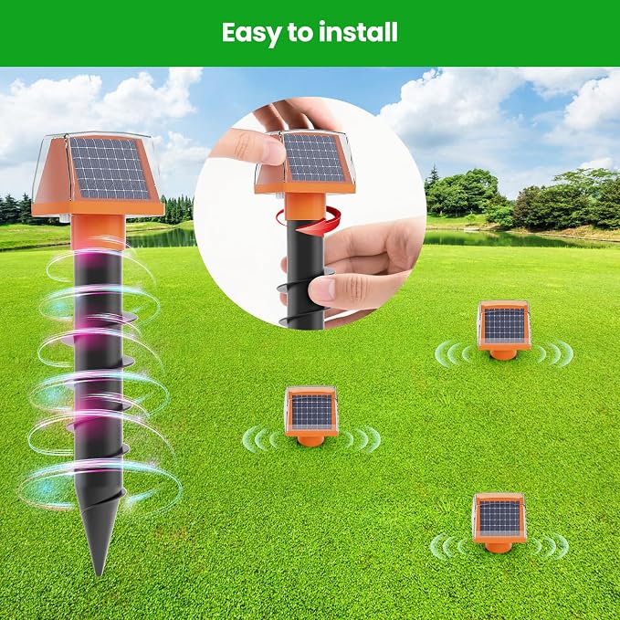 Mole Repellent Screw Solar Powered Gopher Deterrent Stake for Outdoor Lawns with Electic Vibration, Repels Snake Vole Groundhog Armadillo from Yard and Garden (2 Pack)
