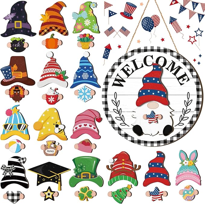 Qunclay Interchangeable Wooden Gnome Decor Holiday Seasonal Gnome Decorations with Magnet Pieces and Detachable Hats Changeable Welcome Sign for Home(Black and White Checkered Style)