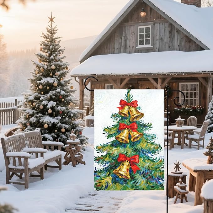 Christmas Garden Flag 12x18 Inch Green Yellow Red Xmas Tree Bell Bowknot Winter Holiday Decorative Yard Flags for Outside Double Sided Seasonal Outdoor Home Farmhouse Decoration Porch New Year Decor