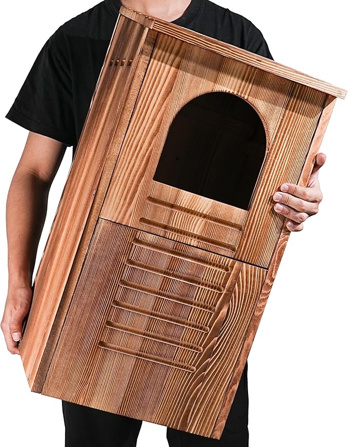 Screech Barred Owl House, 25" Extra Large Owl Bird Box Handmade Wooden Circular Opening for Outside with Mounting Screws and A Bag of Wood Shavings, Easy Assembly Required (Brown, 14"x25")
