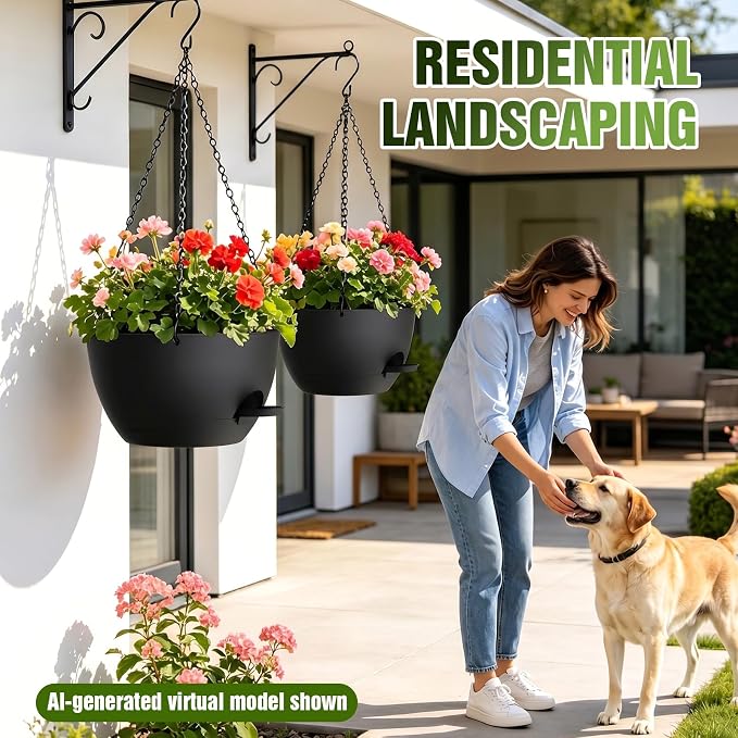 10 Inch Self Watering Hanging Planters, 3 Pack Plastic Plant Pots | Sturdy lightweight pot with side watering lip, drainage holes, snap-on detachable tray & hanging chain for easy care