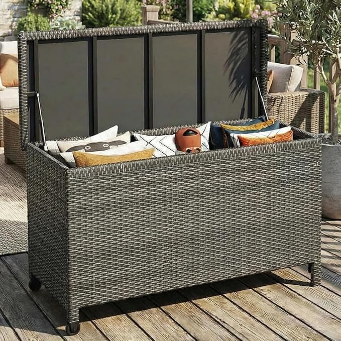 125 Gallon Outdoor Storage Box with Wheels - Large Wicker Rattan Deck Box for Patio Cushions, Garden Tools, Pool Floats & Pillows, All-Weather Patio Furniture Storage, Gary