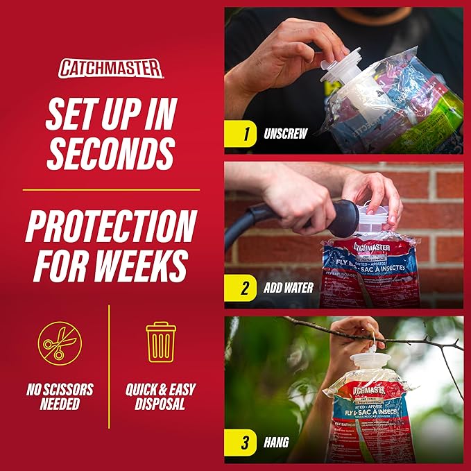 Catchmaster Disposable Outdoor Fly Trap, 2 Hanging Bags with Bait | Catches house, bottle & blowflies, Holds up to 30,000 flies, Food-based lure, no spray needed, For backyards, patios & decks