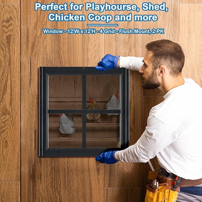 2 Pack Shed Window 12" W x 12" H, Black Flush Mount Window with Tempered Glass for Playhouses, Sheds, Garage and Chicken Coops