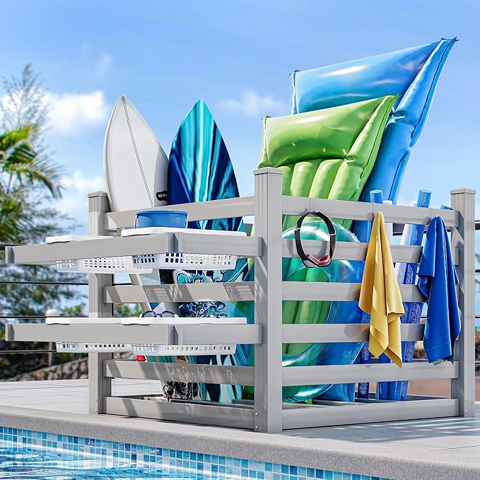YITAHOME Pool Storage Bins with Towel Rack & 6 Moveable Hooks, Large Pool Noodle Holder Organizer, Outdoor Waterproof Poolside Float Storage for Goggles, Beach Balls, Floats Equipment (Light Gray)