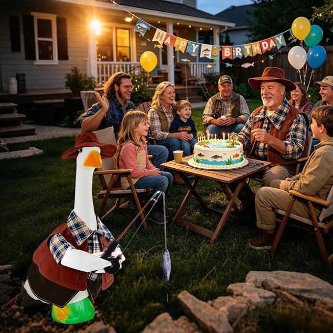 Fishing Porch Goose Outfits, Fisherman Costume for 23 Inch Plastic/Cement Goose, Goose Sculpture Clothes for Summer Yard Patio Party Decoration(Fishing Enthusiast 2)