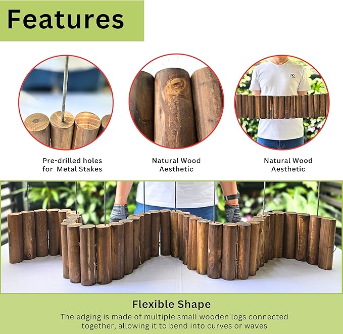 LaLaGreen Decorative Garden Edging Border (30"x6", 2 Pack) Small Brown Wooden Fence Panels with Metal Stakes, Flowers Bed Landscape Fencing for Lawn Yard Patio Pathway Outdoor Decor Tree Rings Barrier