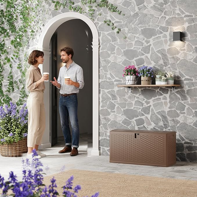 GarveeLife 73 Gallon Resin Deck Box, Weatherproof and UV Resistant Outdoor Storage Box, Lockable Outdoor Storage Bin for Patio Cushions, Garden Tools, Pool Supplies, Package Delivery, Brown