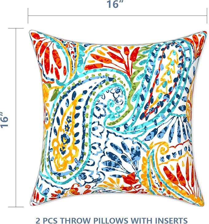 LVTXIII Outdoor Throw Pillows 16"x16" Patio Waterproof Square Pillows with Piping Fade Resistant Accent Pillow for Spring Summer Garden Decoration, Set of 2, Paisley Multi