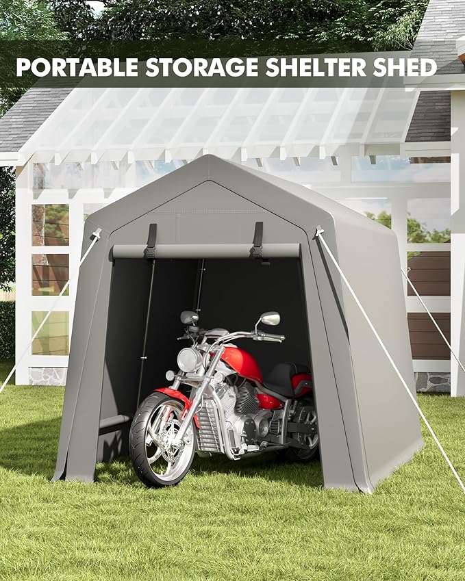 6x8 FT Portable Carport Storage Shed Tent – Heavy Duty Waterproof & UV-Resistant Motorcycle Tent with Roll-Up Zipper Doors, Steel Frame Shelter for Bike, Outdoor Tools & Equipment, Grey