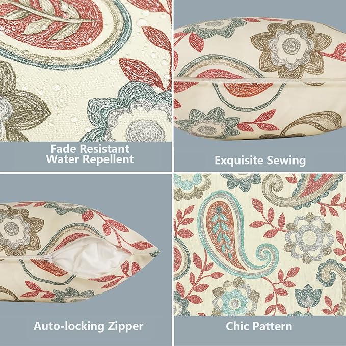 LVTXIII 2 Pack Outdoor Pillow Covers ONLY 18x18 Inch, Water-Repellent Square Decorative Cushion Covers for Patio Furniture, Garden, Sofa, Paisley Vintage