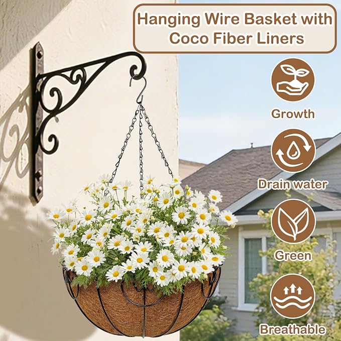 14 inch Metal Hanging Baskets for Plants Outdoor, 4 Pack Metal Wire Hanging Basket Planter with Coco Liner Flower Pots for Indoor Outdoor Garden Porch Patio, Heart-Shaped