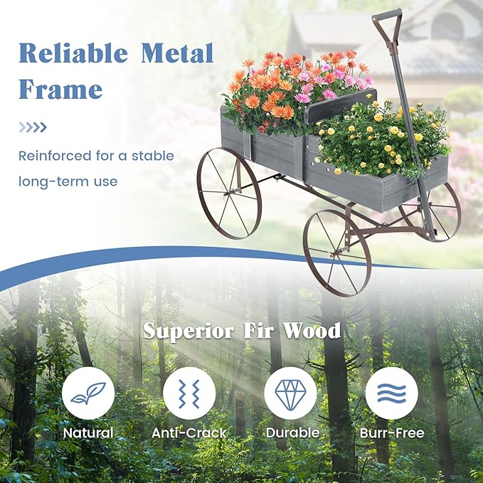 DORTALA Wood Wagon Planter, Outdoor Garden Flower Planter Cart with Wheels, Small Decorative Wood Raised Bed Plant Pot Box Stand for Backyard, Patio, Balcony, Grey
