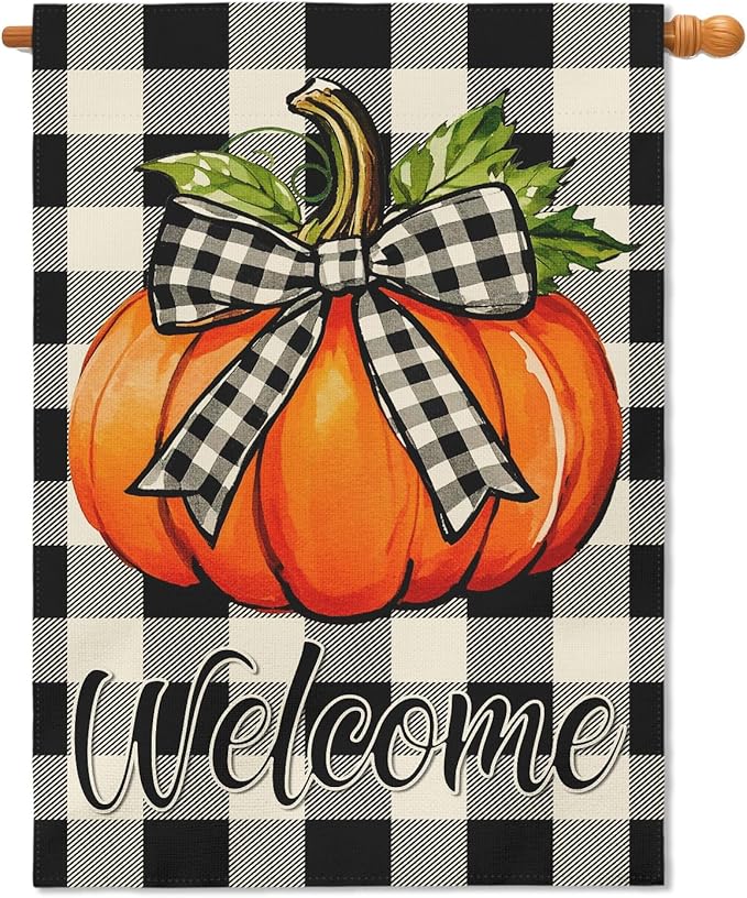 Fall Pumpkin House Flag 28x40 Inch Welcome Autumn Harvest Theme Thanksgiving Buffalo Plaid Decorative Yard Flags for Outside Double Sided Outdoor Home Farmhouse Decoration Porch Decor