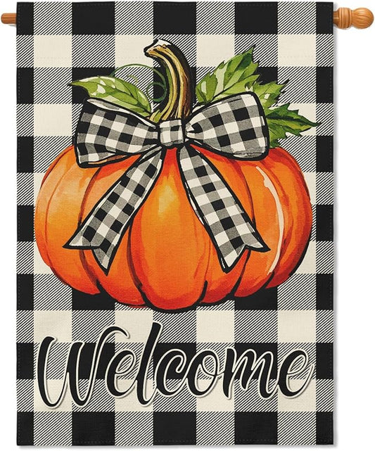 Fall Pumpkin House Flag 28x40 Inch Welcome Autumn Harvest Theme Thanksgiving Buffalo Plaid Decorative Yard Flags for Outside Double Sided Outdoor Home Farmhouse Decoration Porch Decor