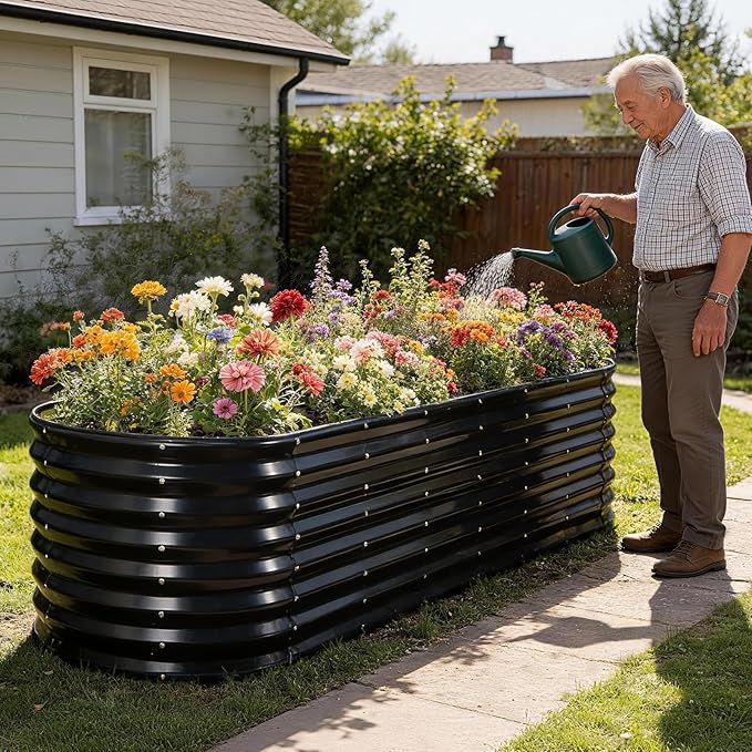 24" Tall Galvanized Raised Garden Bed Outdoor, 8x2x2ft Deep Metal Planter Box with Safety Edging & Support Bars, Large Oval Raised Beds for Gardening Plants Vegetables Herbs Flowers (Dark Grey)