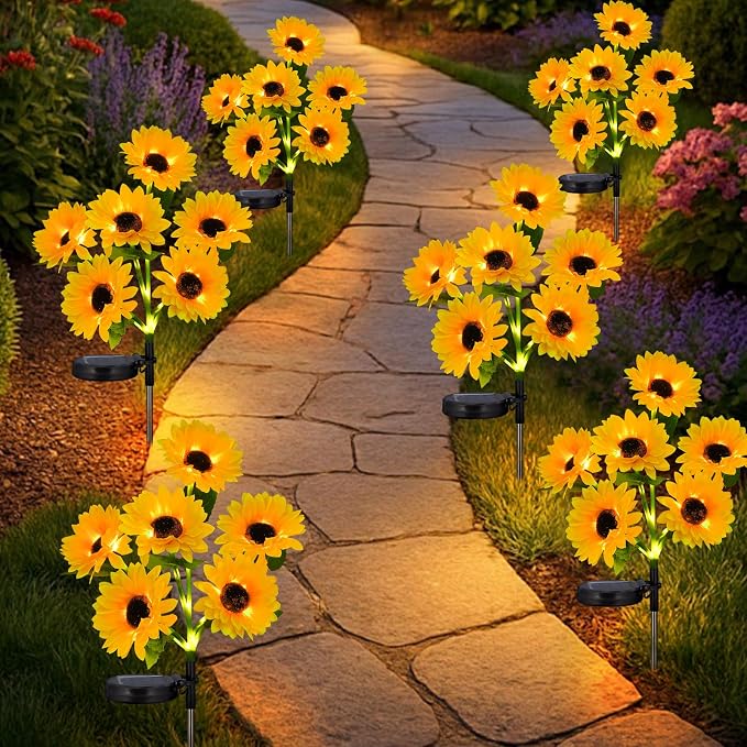 4-Pack Solar Sunflower Garden Decor, 24 LED Flower Stake Lights - Waterproof Long-Lasting Outdoor Solar Patio Decor for Lawn, Yard & Pathway