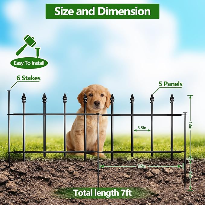Decorative Metal Garden Fence，(5 Panels+ 6 Posts),Total Iength 7 ft(W) x 11 in(H), Small Metal Border Fence, Classic Roman Column Decoration, Garden and Lawn Landscape Fence, Black Animal Fence