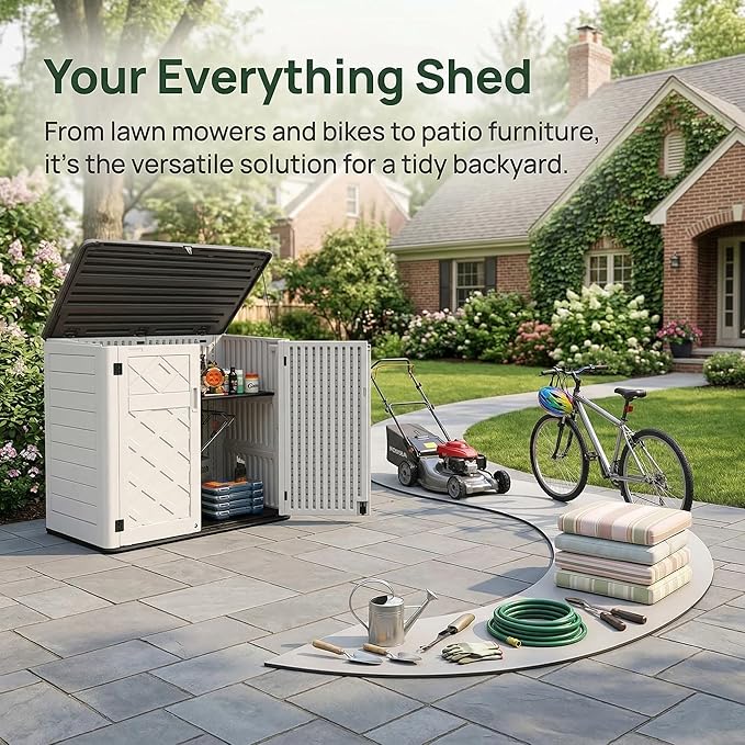 Outdoor Storage Shed, 38 Cu. Ft Weatherproof Cabinet, Horizontal Storage Box for Backyard, Patio, Pool, Garden, No Shelf Included (White)