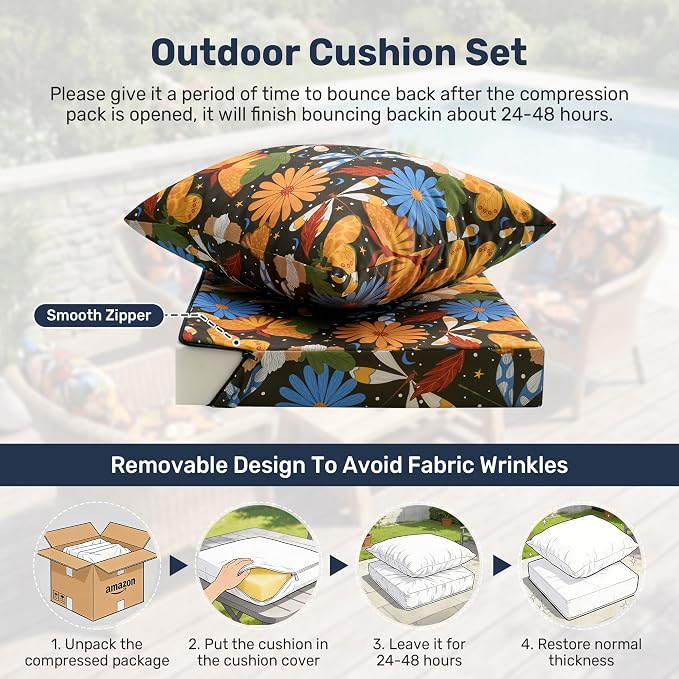 UNIKOME Outdoor Seat Cushions 19 X 19 Inch - Water-Resistant & Fade Resistant, Removable Cover Patio Furniture Cushions for Chair, Sofa, Couch, Wicker, Flower