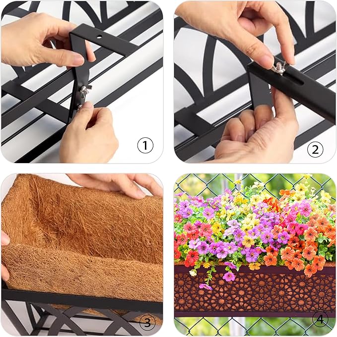 2 PCS 24 Inch Window Deck Box Railing Planter Boxes with Coco Liner,Black Metal Hanging Flower Planter Basket Hanging for Window Sill Balcony Courtyard Garden
