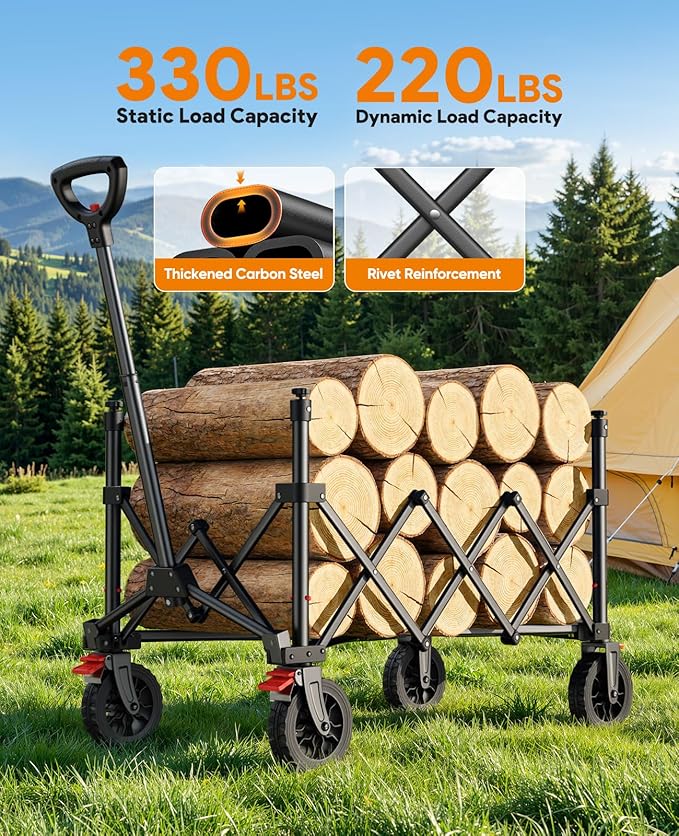 Wagons Carts Foldable, 330LBS Collapsible Wagon, 150L Heavy Duty Foldable Wagon with All-Terrain Wheels, Portable Utility Carts for Grocery Sports Garden Shopping Camping