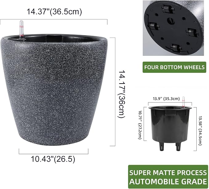 Dexceder 15x14 Self Watering Planter with Wheels (Stone Matte) | Inner Pot Design, Thickened Large Floor Standing Flower Plant Pot with Water Level Indicator Indoor Outdoor