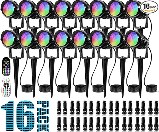 SUNVIE RGBW Low Voltage Landscape Lighting 12W LED Color Changing Landscape Lights Remote Control Waterproof Spotlights Outdoor Landscaping Lights for Yard Garden Christmas 16 Pack with Connector