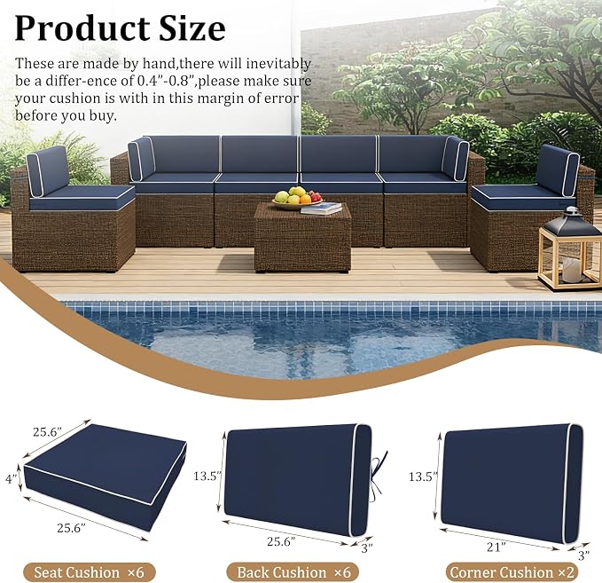 14 Piece Outdoor Furniture Replacement Cushions, Cover+Filling, 25.6" x 25.6" x 4" Foam Waterproof Outdoor Sofa Cushion Sets, Fit Wicker Rattan Sectional Conversation Set,Navy Blue+white Piping