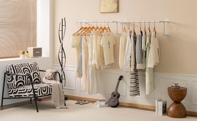 Homeyeeng Clothes Racks, Industrial Pipe Clothing Racks for Hanging Clothes, Wall Mounted Heavy Duty Space Saving Garment Racks, Multi-Purpose Clothing Hanging Rods for Closet Storage, White, 2Pcs