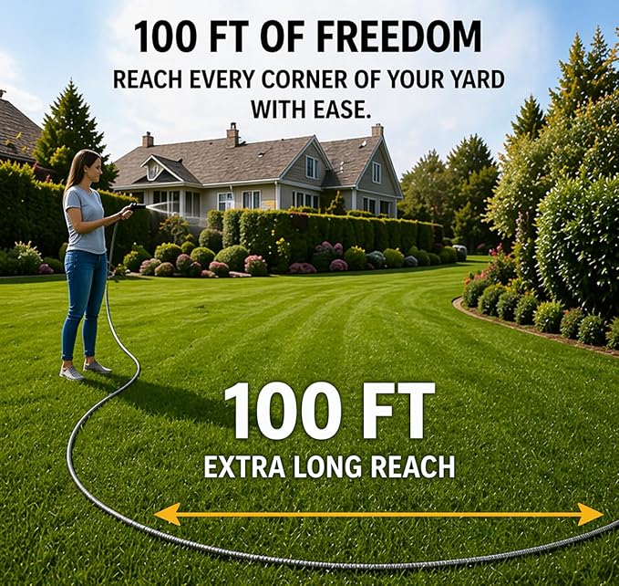 100 FT Metal Garden Hose, Stainless Steel Water Hose, Kink-Free Lightweight Heavy Duty Garden Hose with Brass Fittings & Nozzle, Flexible Non-Expandable Hose