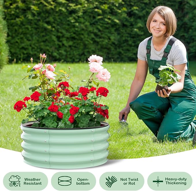 Garvee Galvanized Raised Garden Bed, 2Pcs Raised Garden Beds Outdoor, Round Planter Raised Beds with Gloves and Rubber Edge Trim for Vegetables, Flowers and Herbs, 3x3x1 FT, Green