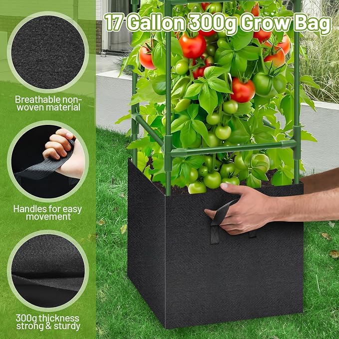 Legigo 2 Pack Tomato Cages with 17 Gallon Grow Bags- 47 Inch Square Tomato Cages for Garden, Heavy-Duty Tomato Stakes Plant Support Cages Trellis for Garden Vertical Climbing Plants Vegetables