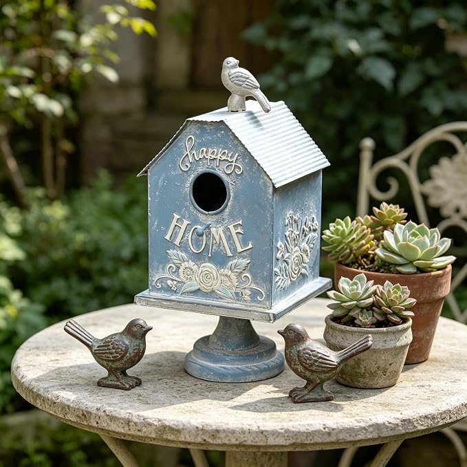 Rustic Blue Metal Bird House, Decorative Bird House with Happy Home Accents & Bird Topper, Standing Design Bird Home - Ideal Outdoor Garden Decor