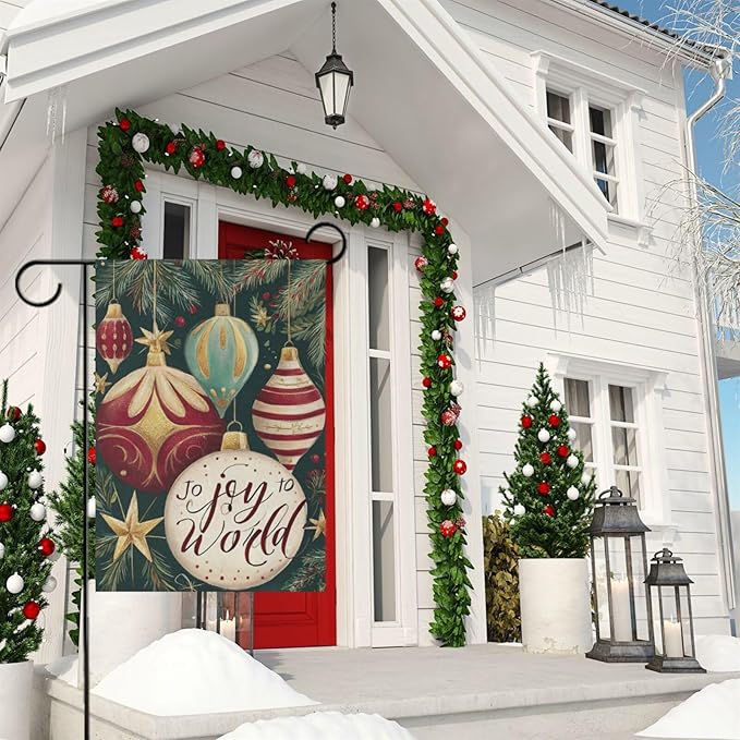 Pfrewn Christmas Winter House Flag 28x40 Double Sided Holly Ball Ornament Joy Large Garden Yard Flags Welcome Seasonal Outdoor Indoor Banner for Xmas Holiday Yard Home Decoration