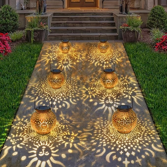 Go2garden 2Pack Solar Lanterns Outdoor Waterproof Mothers Day Gifts for Mom Moon Star Sun Solar Lights for Balcony, Yard,Birthday Gifts for Women Grandma Wife (Bronze)