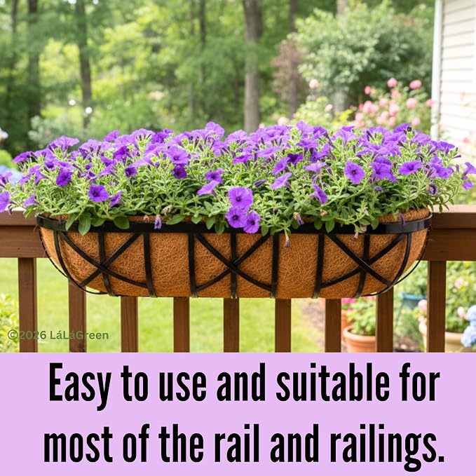 LaLaGreen 30 Inch, 2 Pack Railing Planters with Adjustable Mounting Brackets – Black Metal Window Planter Boxes for Outdoor Gardening, Wall-Mount Flower Pots, Balcony Fence Patio, Porch, Garden
