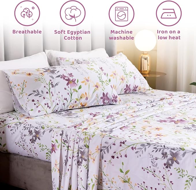 QSH 100% Egyptian Cotton Cal King Sheets, Yellow Flower Plant Pattern Botanical Luxury Cotton Printed Flower California King Bedding Sheets, 4pcs Deep Pocket California King Floral Bed Sheet Set