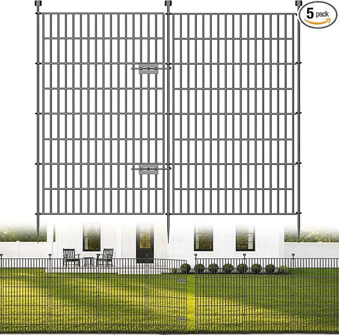 5 Panels No Dig Decorative Outdoor Garden Fence with Gate for Yard, 48 in(H) X 11.8 ft(L) Animal Barrier Fencing Rustproof Metal Wire Panel Border for Dog, Rabbits, and Patio Temporary Ground Stakes