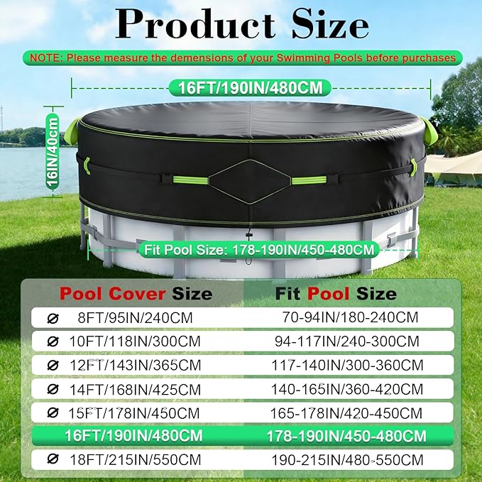 16Ft Round Pool Cover for Above Ground Pools, Safety Solar Pool Covers with Reflective Strips, Rope and Luminous Nails, Upgraded Thicker Oxford, PU Tarp Snug, UV Protected, Windproof, Tear Resistant