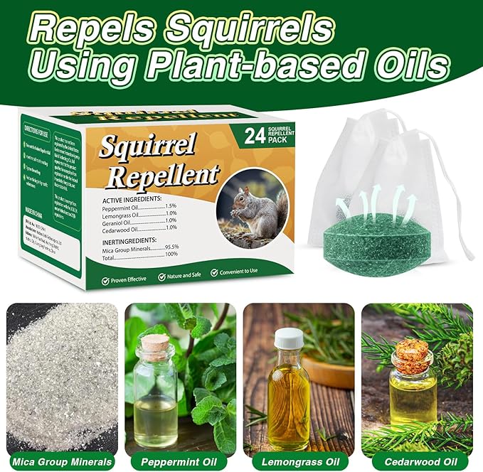24 Pack Squirrel Repellent for Attic, Car Engines, Garden & Home Rodent Repellent Squirrel Deterrent for Outdoor & Indoor Use Keep Squirrels Away from Wires, Walls, Garages & More