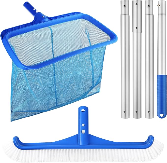 Tavaleu Swimming Fine Mesh Pool Skimmer Net with 4 Section Adjustable Telescopic Poles, 18" Professional Pool Brush (NO Pole) for Above Ground Pools, Ponds, Spas, Hot Tubs