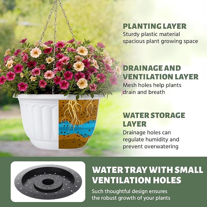 12 Sets Hanging Planters for Indoor and Outdoor Plants Self Watering Hanging Basket Flower Pots Plastic Plant Pots with Drainage Hole and Absorbing Tray(White,10 Inch)