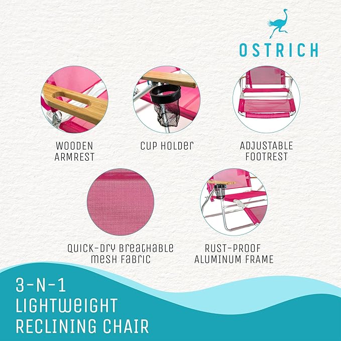 Ostrich the Original 3N1 Lightweight Beach Reclining Lounge Chair with Footrest, Outdoor Furniture for Patio, Balcony, Backyard, or Porch, Pink